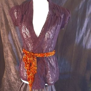 purple lace mandarin collared orange sashed top sm